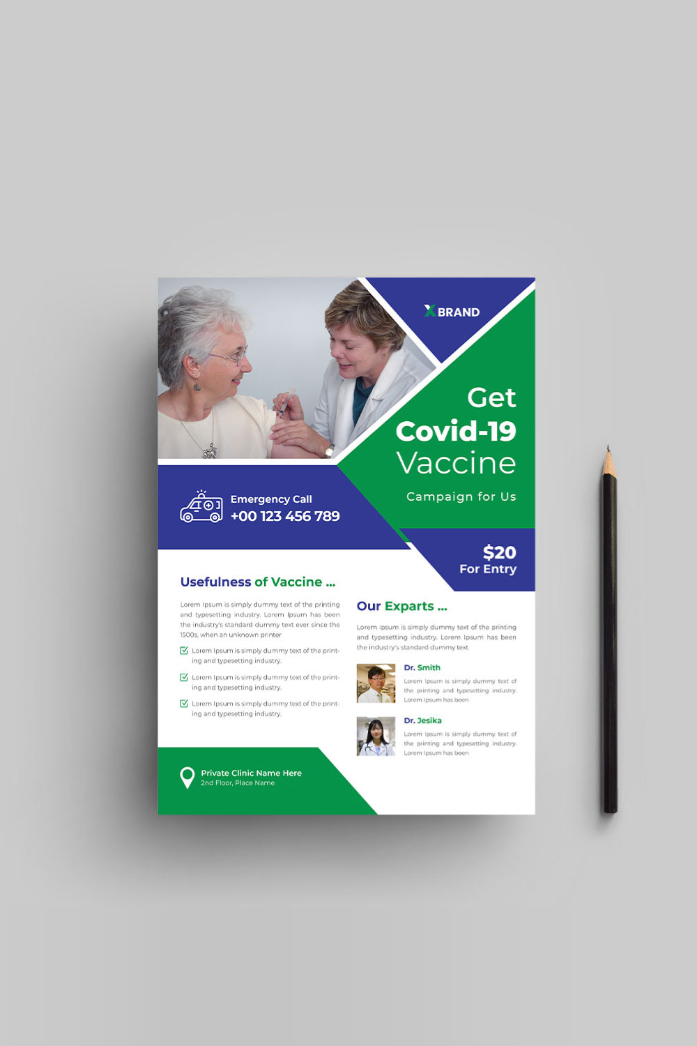 Covid-19 vaccination flyer design template pinterest preview image.