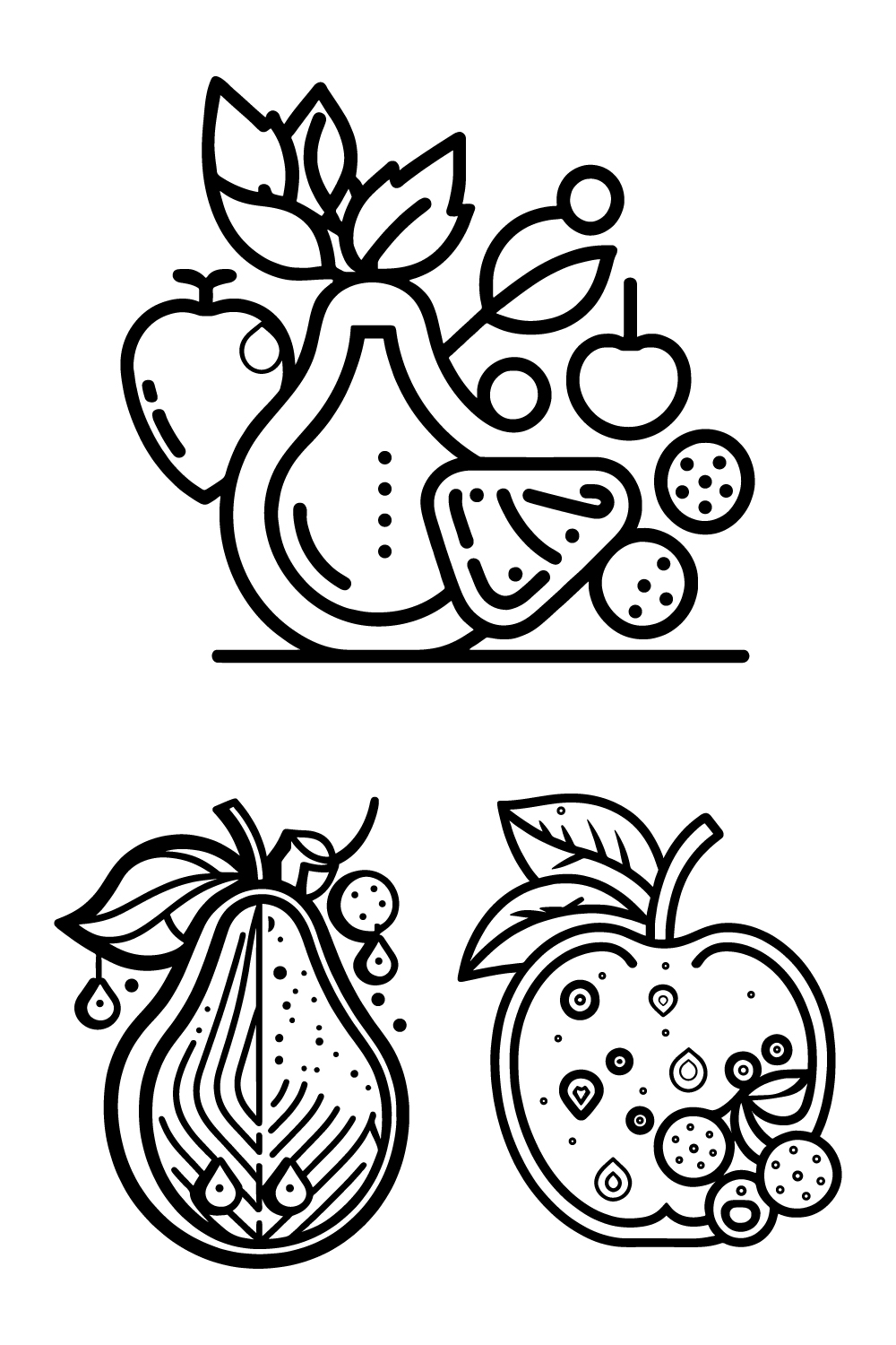 Fruit Icon set, cartoon fruits isolated on white background, Simple lineart outline elements collection, clean simple design pinterest preview image.