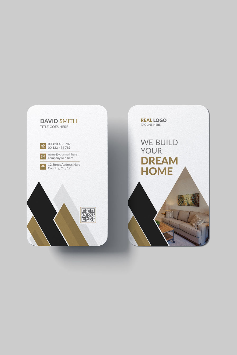 Vertical real estate business card design template pinterest preview image.