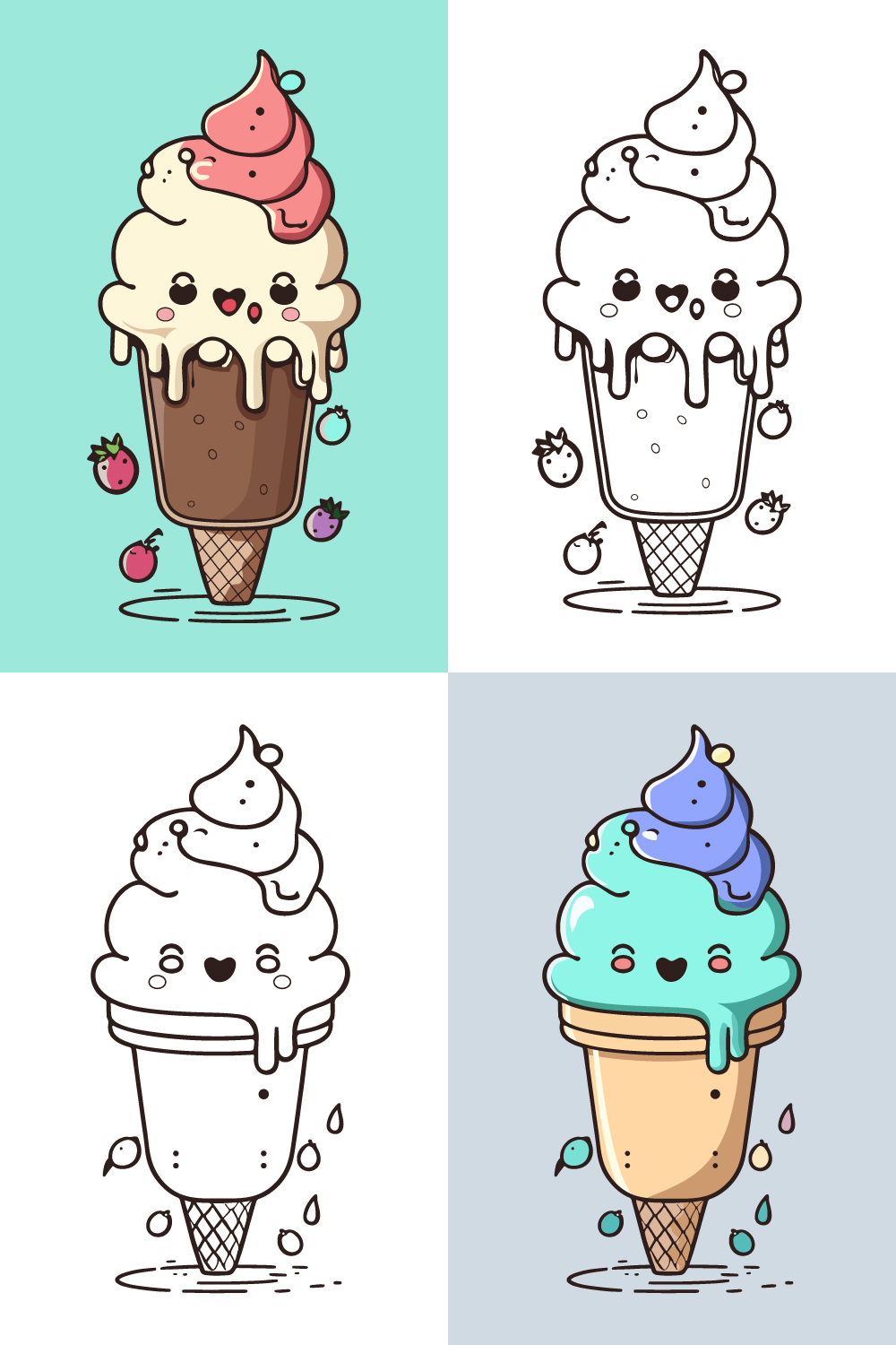 Cute Ice Cream Cartoon line art vector Icon illustration, Food drinks Flat Cartoon Concept Pro Vector, Ice Cream Cartoon, cone, cartoon ice cream, and Cute Ice Cream logo pinterest preview image.