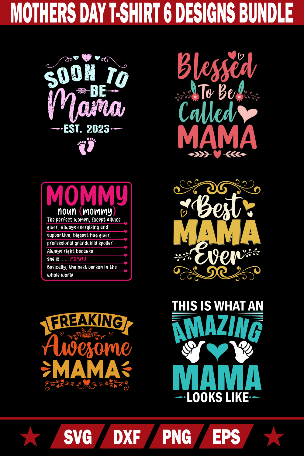 Mothers Day T-Shirt 6 Designs Bundle pinterest preview image.