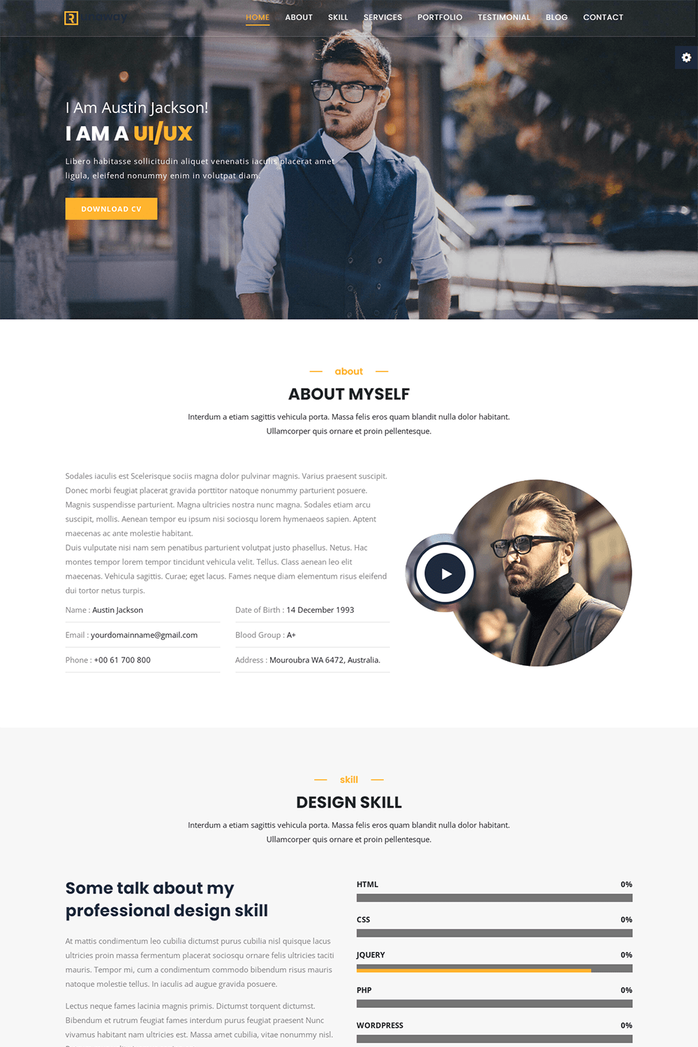 Free Runaway Personal Portfolio Website Template pinterest preview image.