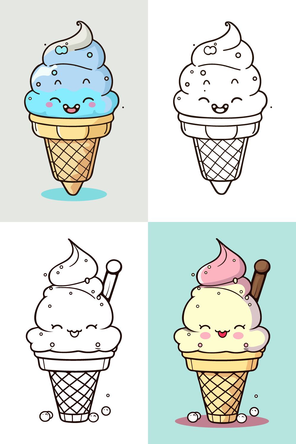 Cute Ice Cream Cartoon line art vector Icon illustration, Food drinks Flat Cartoon Concept Pro Vector, Ice Cream Cartoon, cone, cartoon ice cream, and Cute Ice Cream logo pinterest preview image.