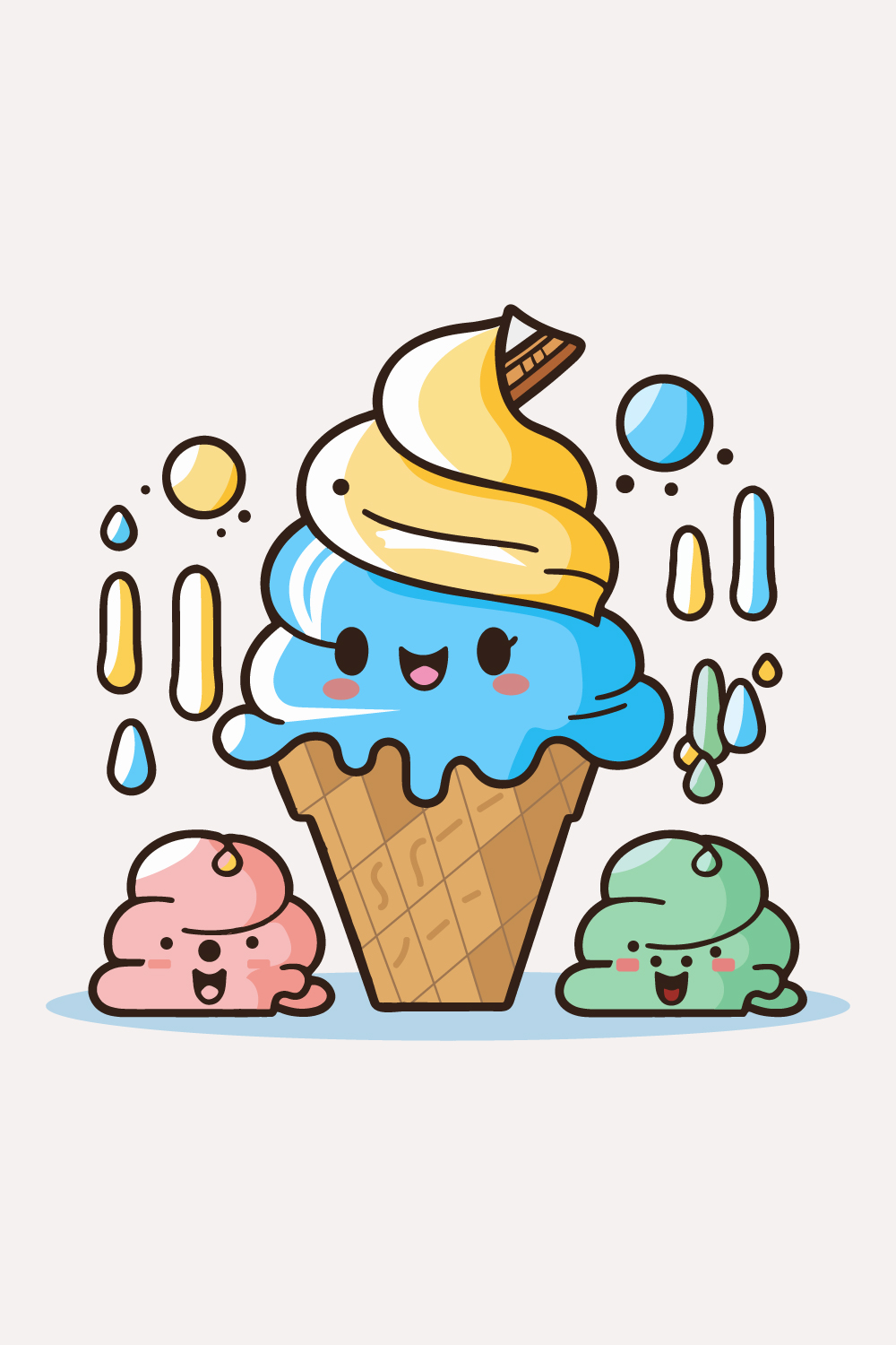 Cute Ice Cream Cartoon line art vector Icon illustration, Food drinks Flat Cartoon Concept Pro Vector, Ice Cream Cartoon, cone, cartoon ice cream, Cute Ice Cream logo pinterest preview image.