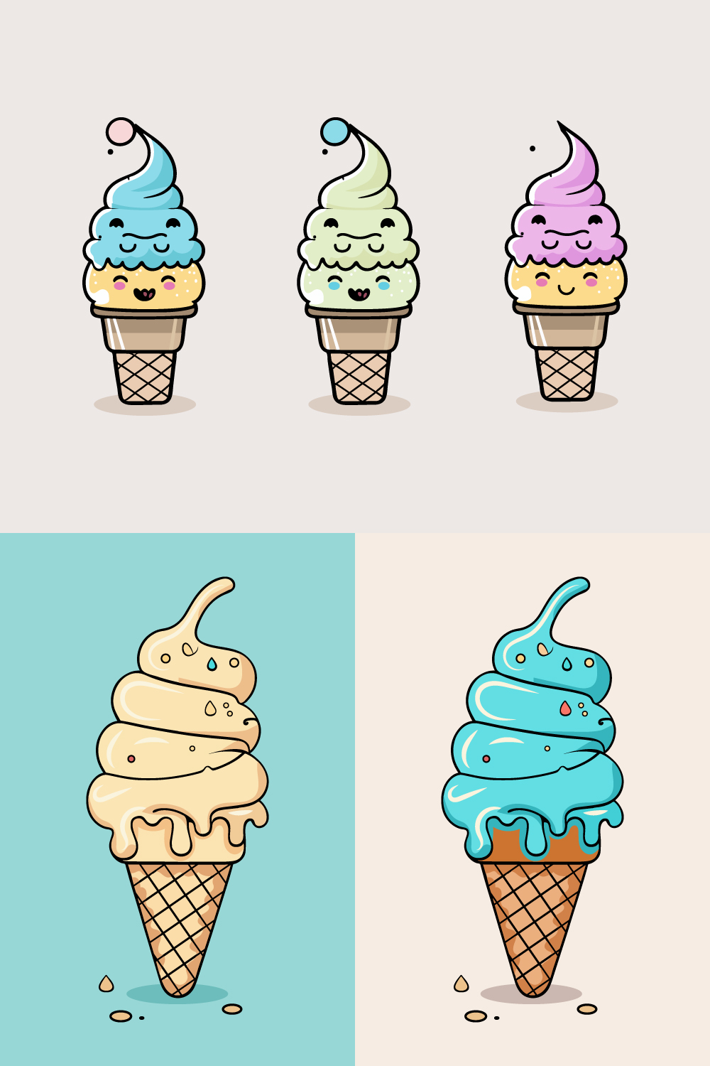Cute Ice Cream Cartoon line art vector Icon illustration, Food drink Flat Cartoon Concept Pro Vector, Ice Cream Cartoon, cone, cartoon ice cream, Cute Ice Cream logo pinterest preview image.