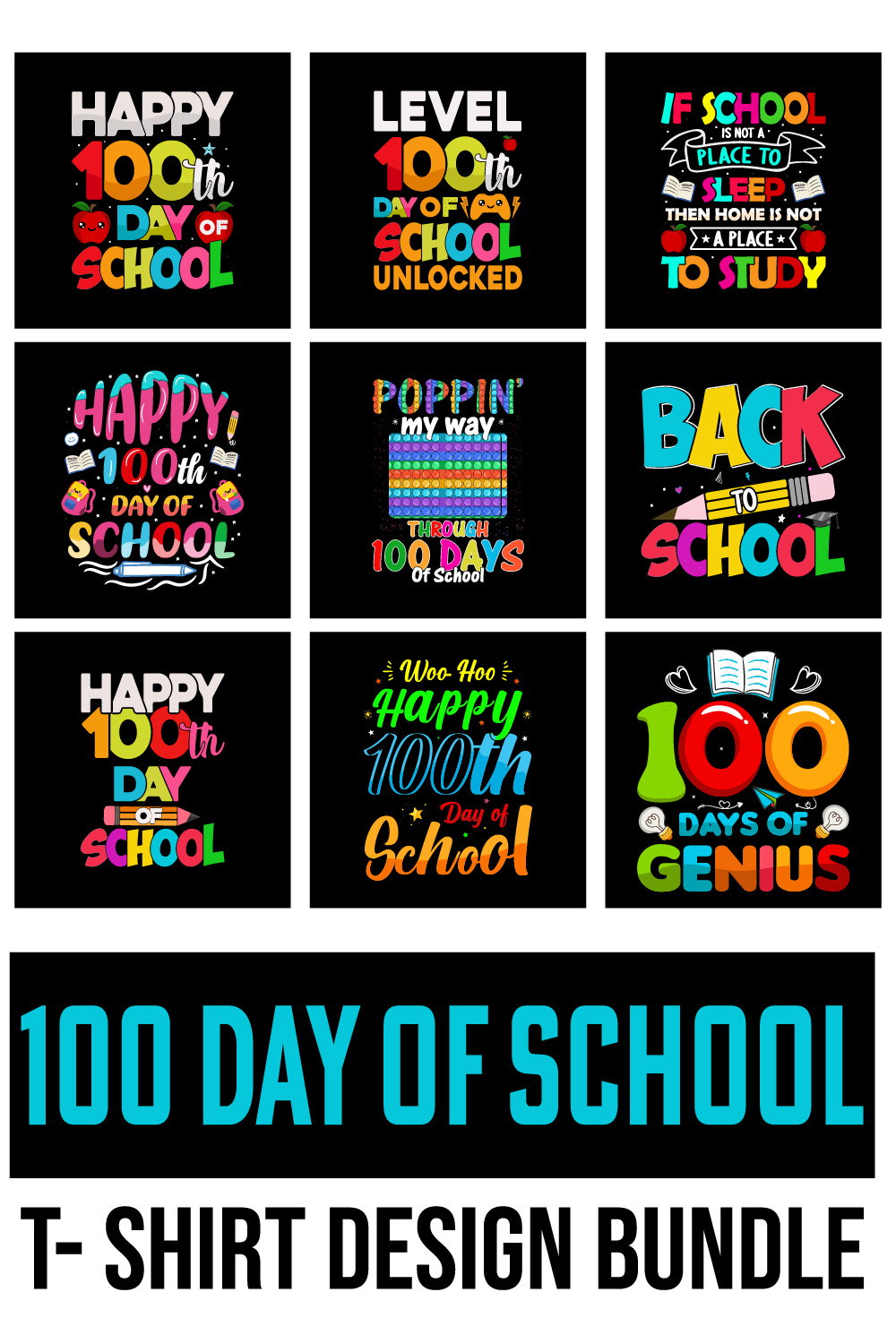 Back to School Typography T-shirt Design Bundle, 100th days of school kids t-shirt svg bundle pinterest preview image.