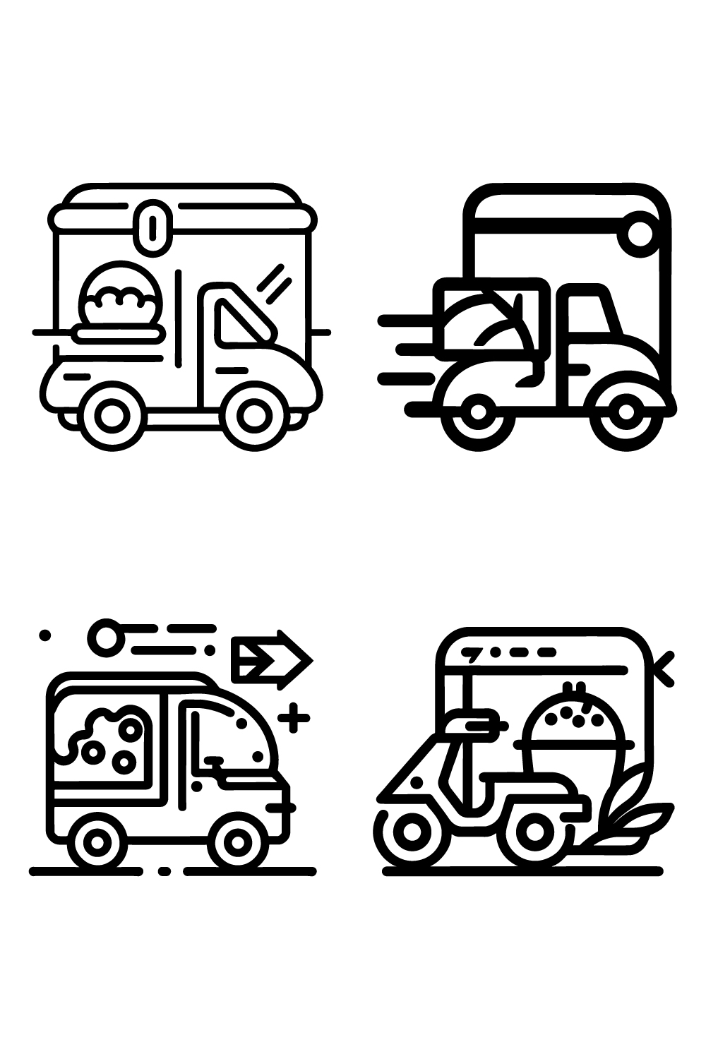 Food Delivery Icon set, line art Black And White food delivery service vector icons, Outline style, and a clean simple design isolated on white background pinterest preview image.