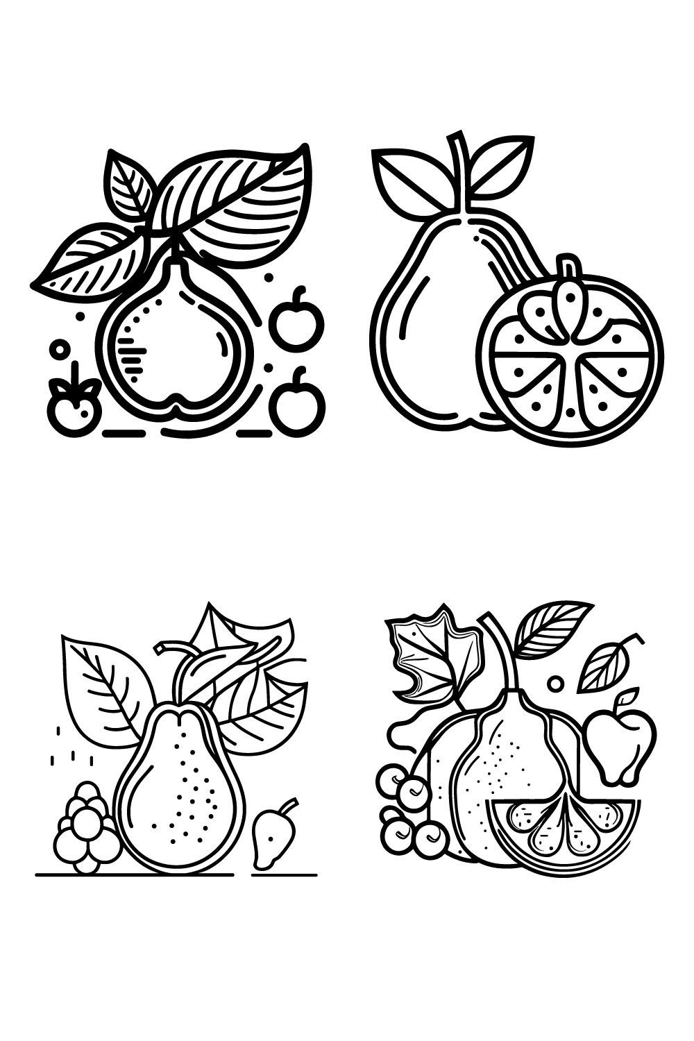 Fruit Icon set, cartoon fruits isolated on white background, Simple line art outline elements collection, clean simple design pinterest preview image.