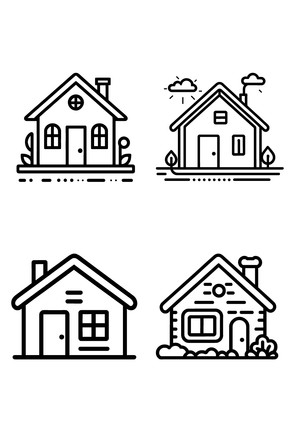 Home Icon set, Illustration of house icons, Black and white house icons, Outline Style, Home line art icons, and clean simple design pinterest preview image.