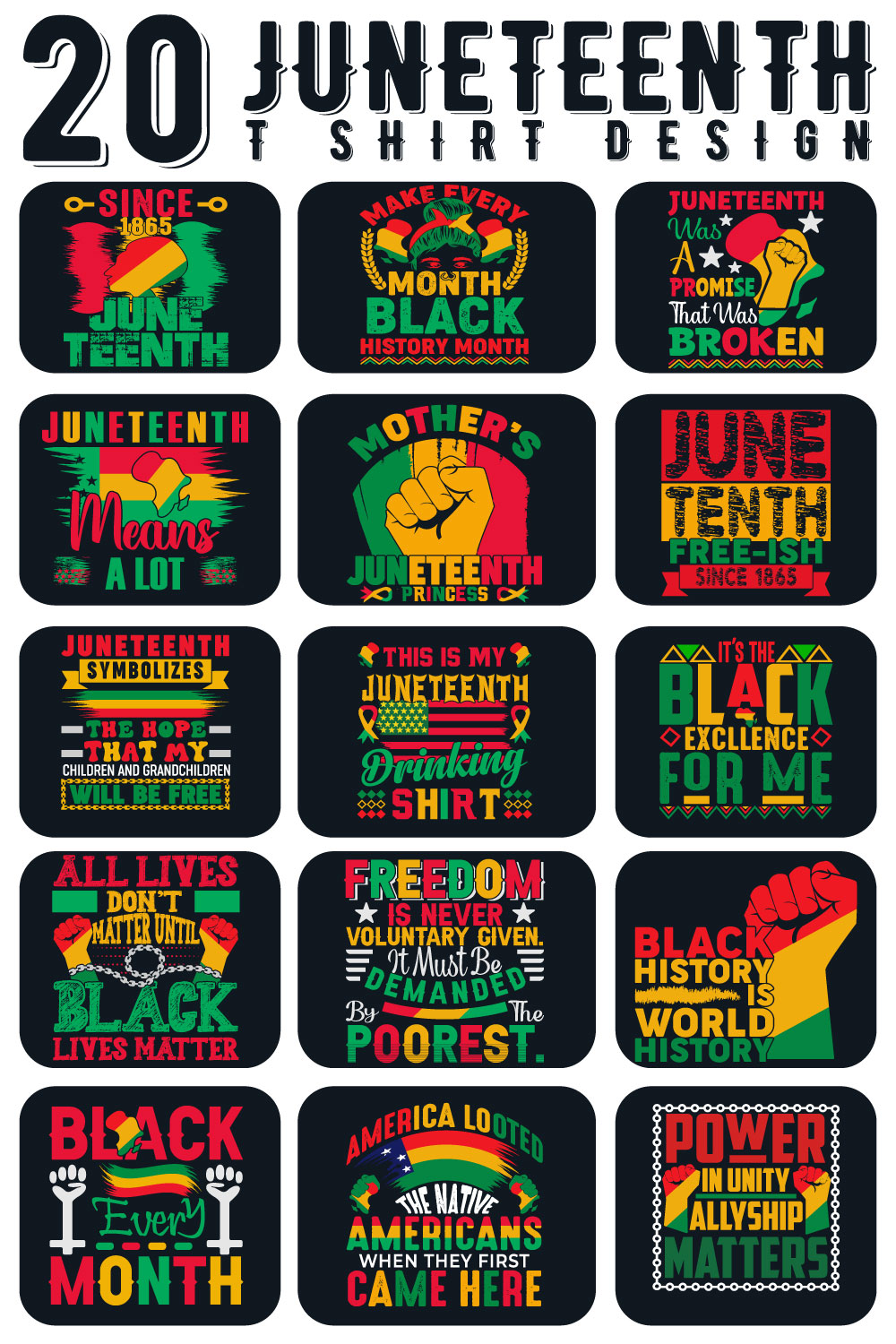 20 Juneteenth black history month typography t shirt design bundle pinterest preview image.