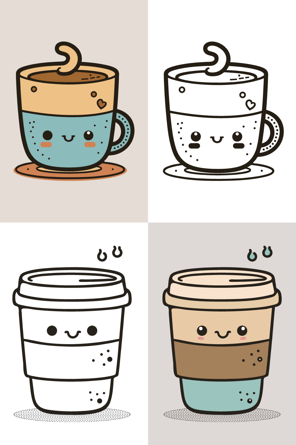 Coffee Cup Logo, Cute Coffee Cup Cartoon line art colorful Vector Illustration, Coffee cup icon design, Flat carton style, and Food and drink icon pinterest preview image.