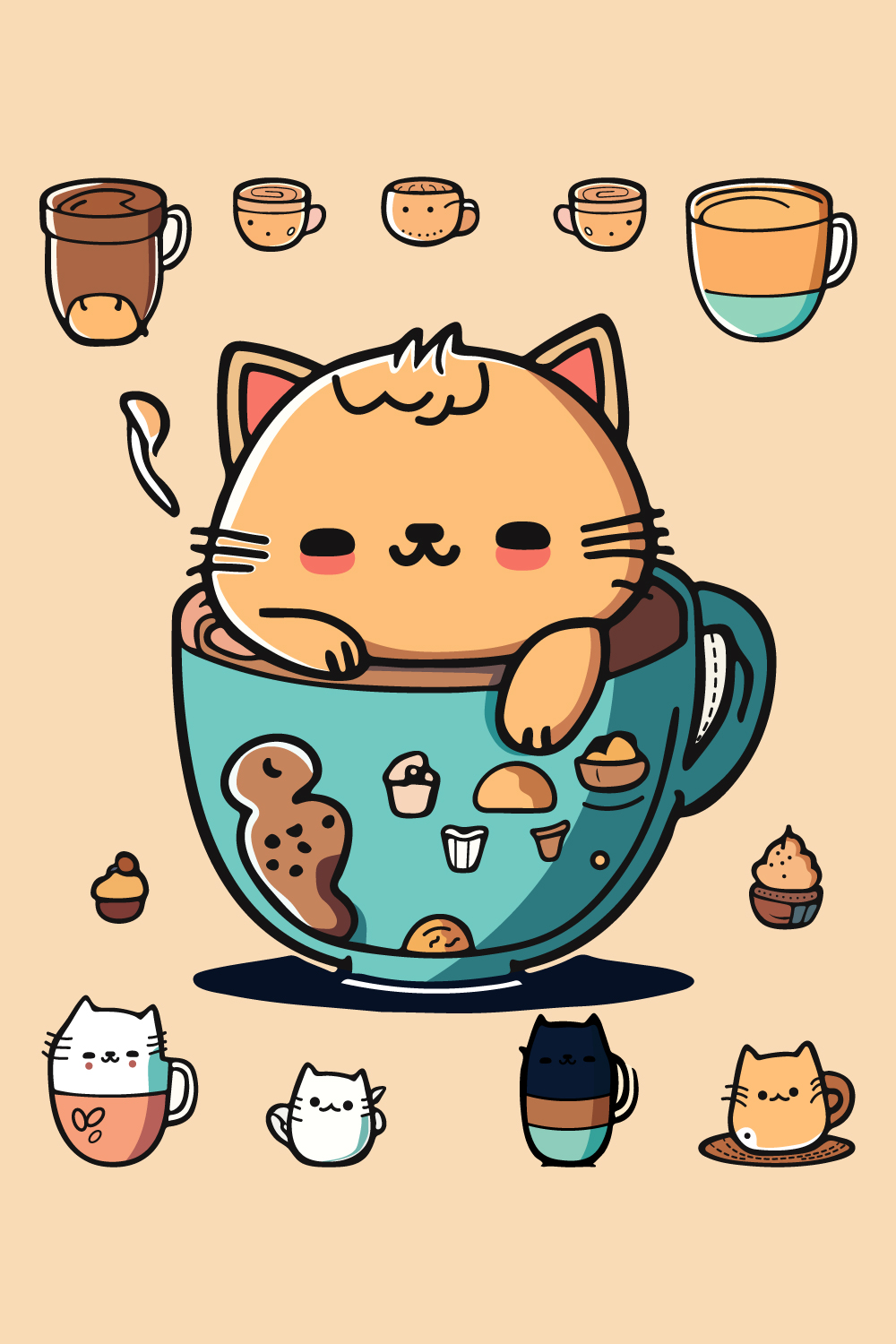 Coffee Cup Logo, Cute Coffee Cup Cartoon line art colorful Vector Illustration, Coffee cup icon design, Flat carton style, and Food and drink icon pinterest preview image.