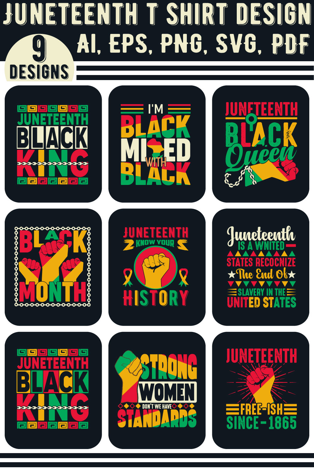 A black history t-shirt design bundle celebrating Juneteenth pinterest preview image.