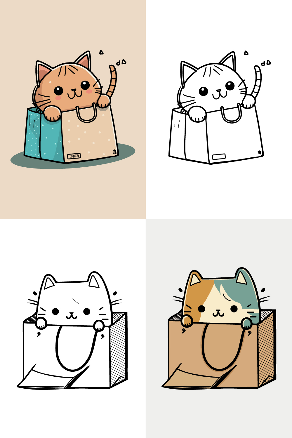 character of a Little cat in a paper shopping bag, Cute cat, Cat cartoon, drawing, Cat mascot, cute cat bundle design pinterest preview image.