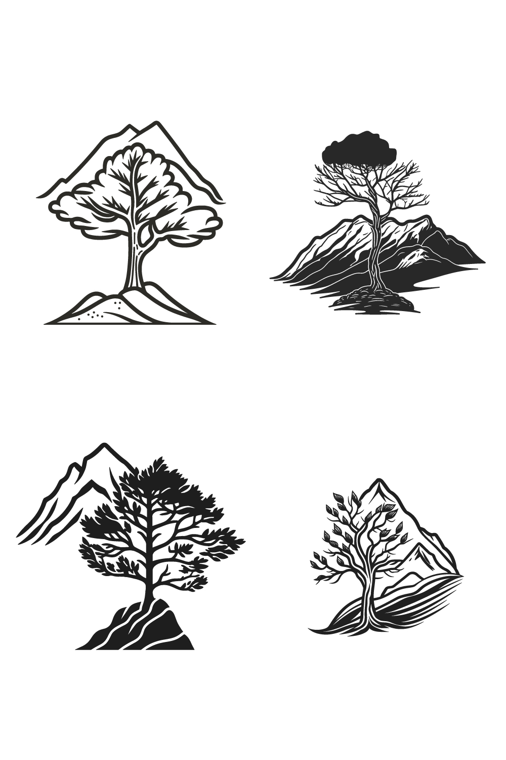 Mountain sketch, Outline Style black and white mountains and tree vector, Mountain tree icon illustration, and mountain logo pinterest preview image.