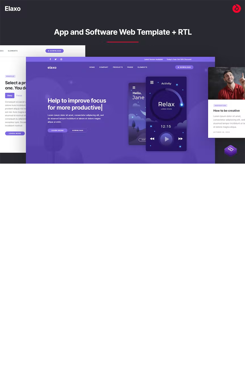 Free Elaxo App and Software HTML Template pinterest preview image.