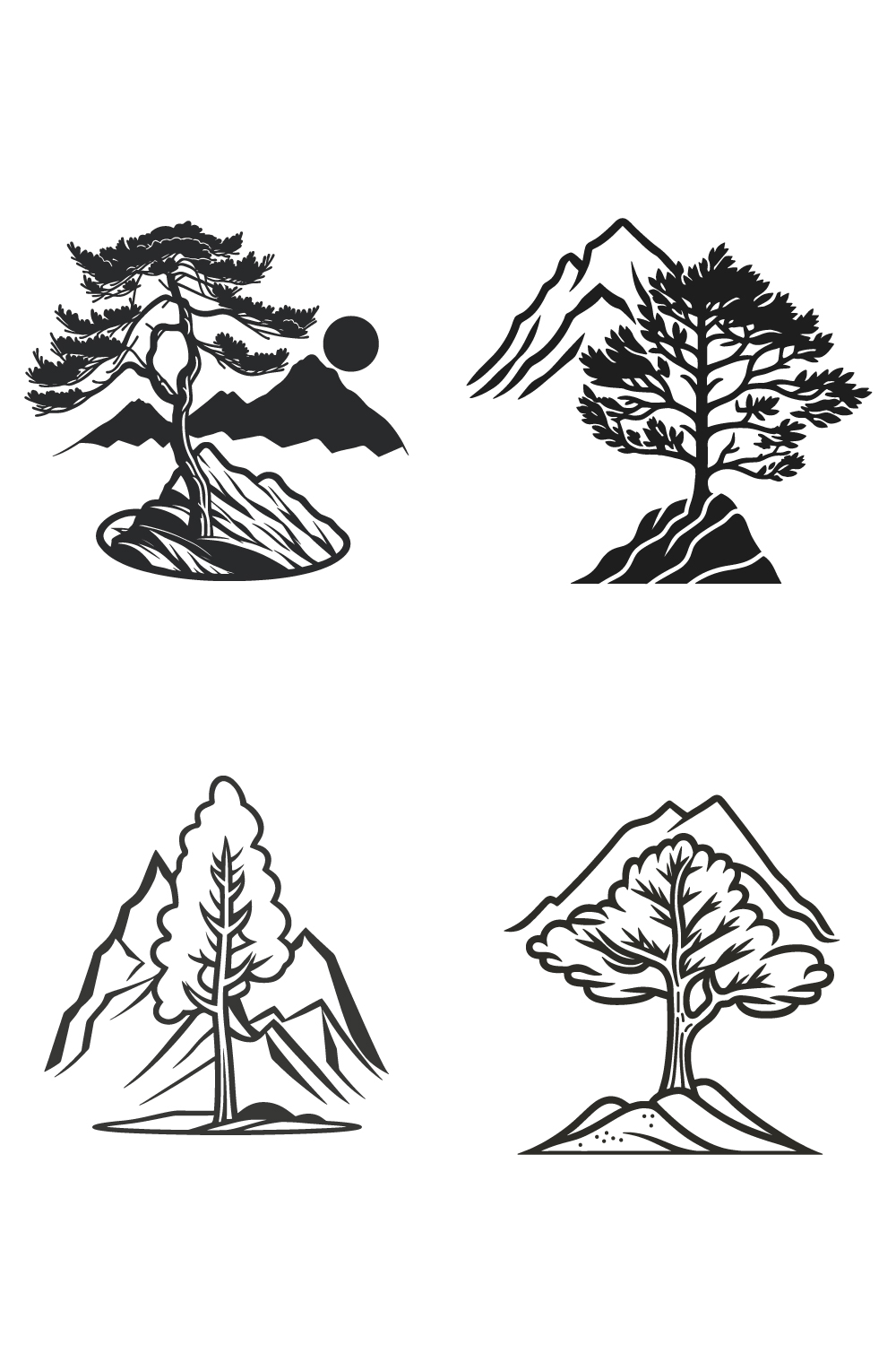 Mountain sketch, Outline Style black and white mountains and tree vector, Mountain tree icon illustration, and mountain logo pinterest preview image.