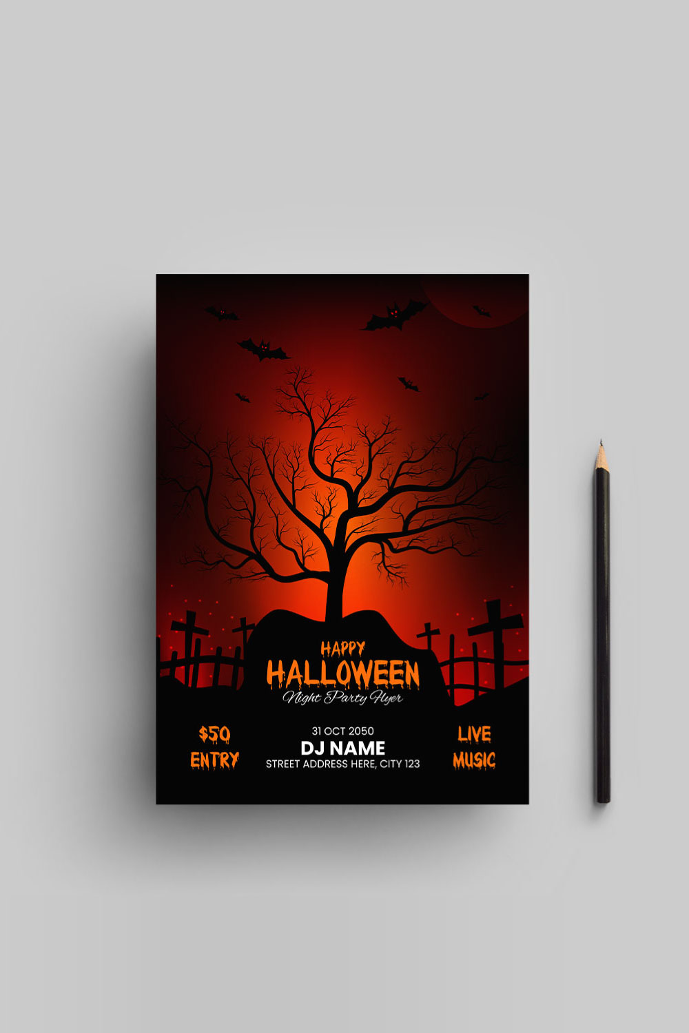 Happy Halloween flyer design template pinterest preview image.