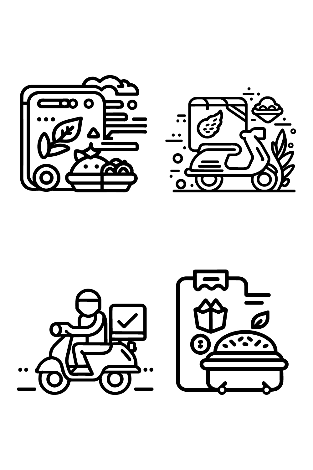 Food Delivery Icon set, line art Black And White food delivery service vector icons, Outline style, and a clean simple design isolated on white background pinterest preview image.