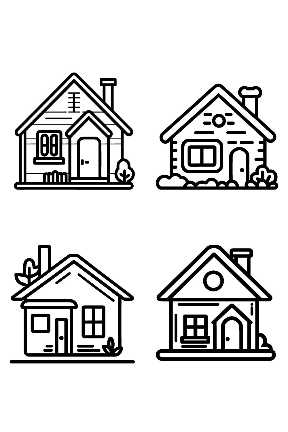 Home Icon set, Illustration of house icons, Black and white house icons, Outline Style, Home line art icons, and clean simple design pinterest preview image.