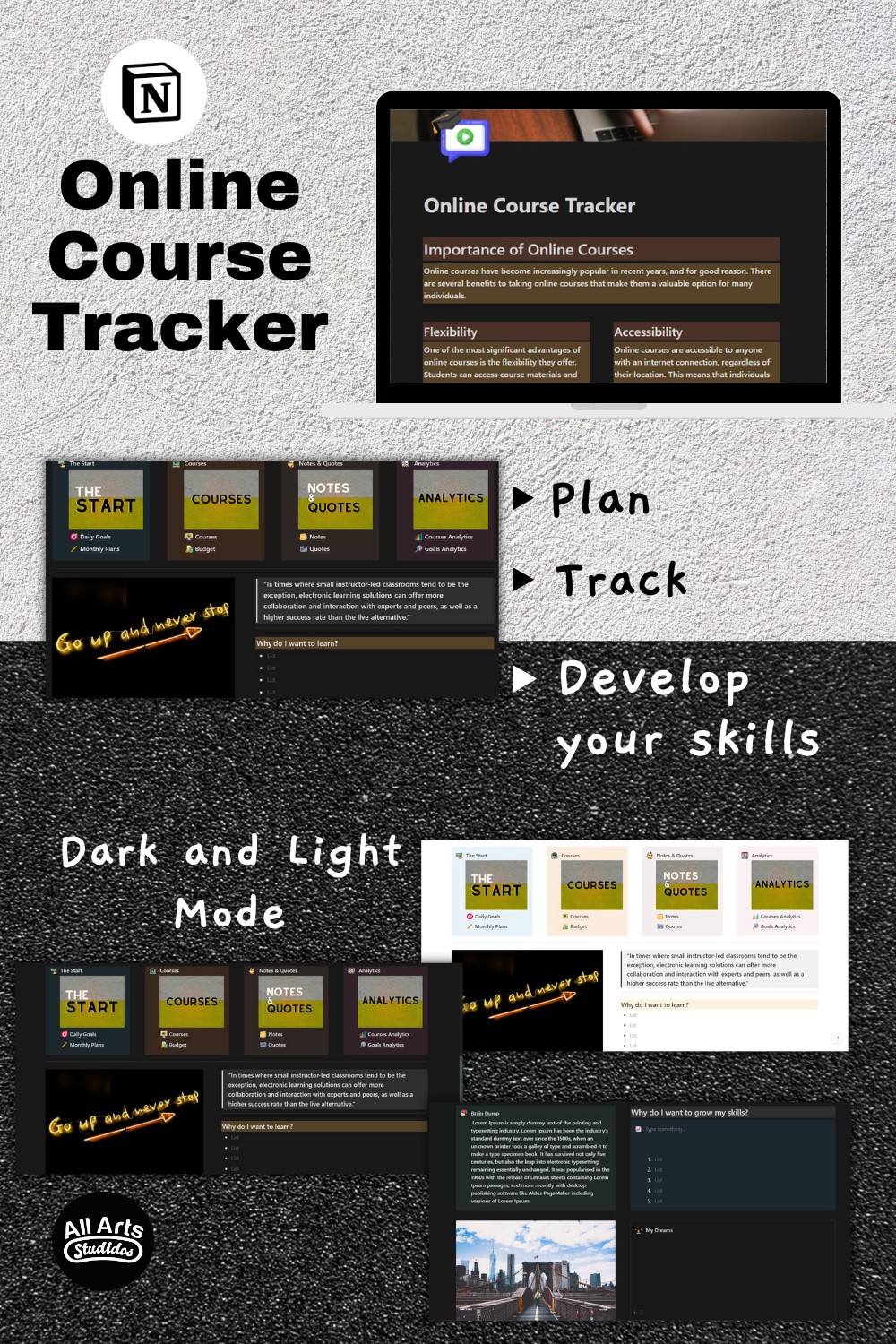 Notion Template Online Course Tracker pinterest preview image.