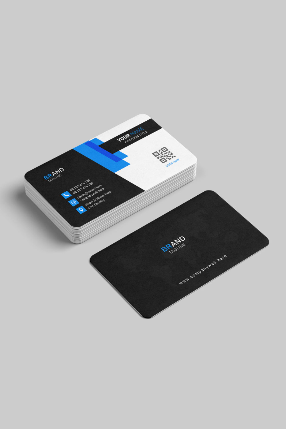 Blue and black business card pinterest preview image.