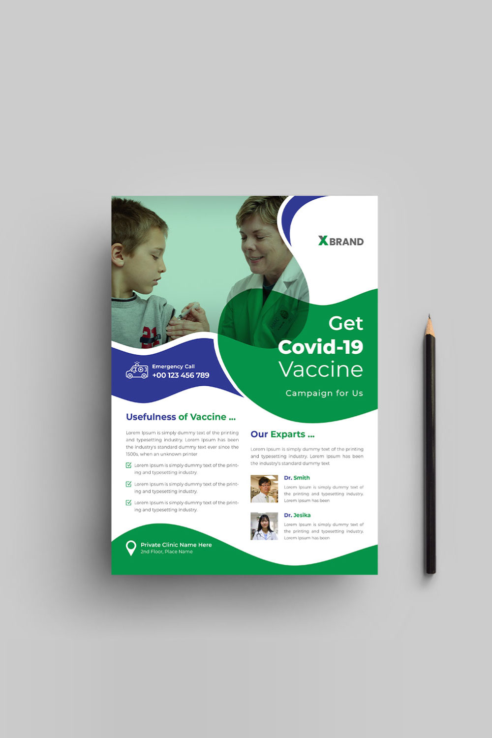 Covid-19 vaccine flyer design template pinterest preview image.