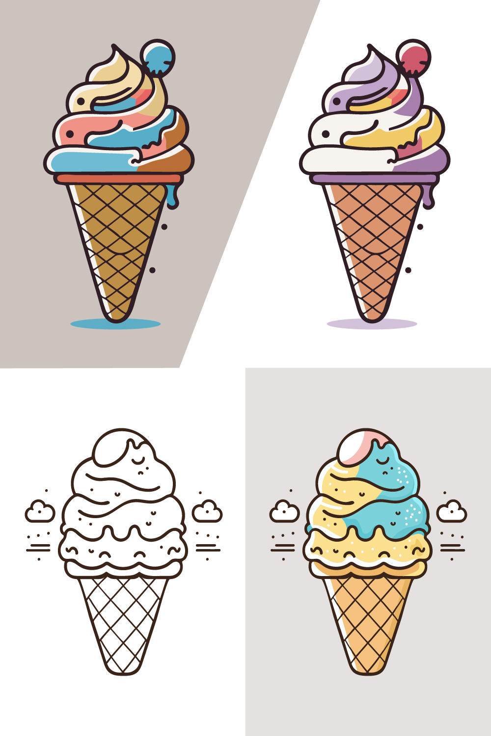 Cute Ice Cream Cartoon line art vector Icon illustration, Food drink Flat Cartoon Concept Pro Vector, Ice Cream Cartoon, cone, cartoon ice cream, Cute Ice Cream logo pinterest preview image.