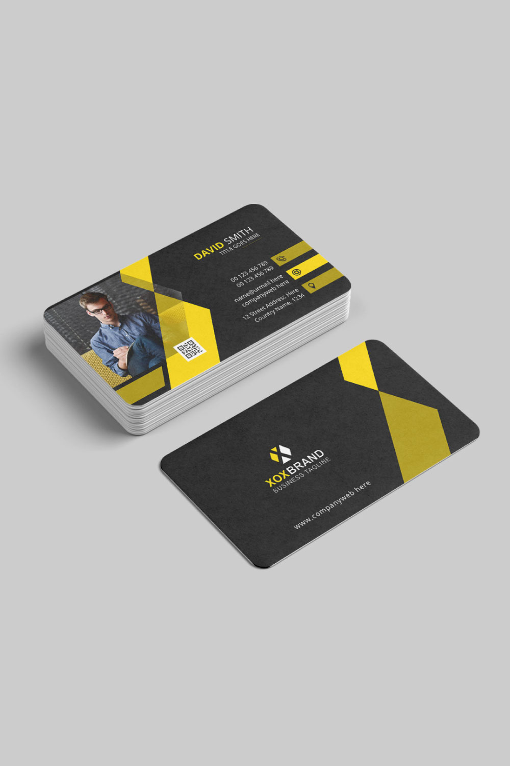 Dark and yellow business card design template pinterest preview image.