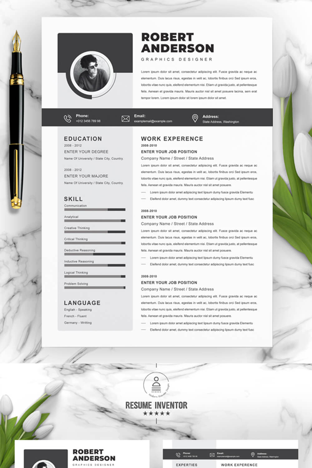 Professional Graphic Designer Resume Template | 2024 CV Design Template pinterest preview image.