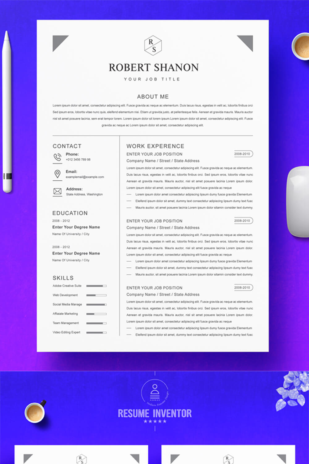 Clean and Elegant Resume Template for Creative Professionals in Design, Advertising, and Media Industries pinterest preview image.
