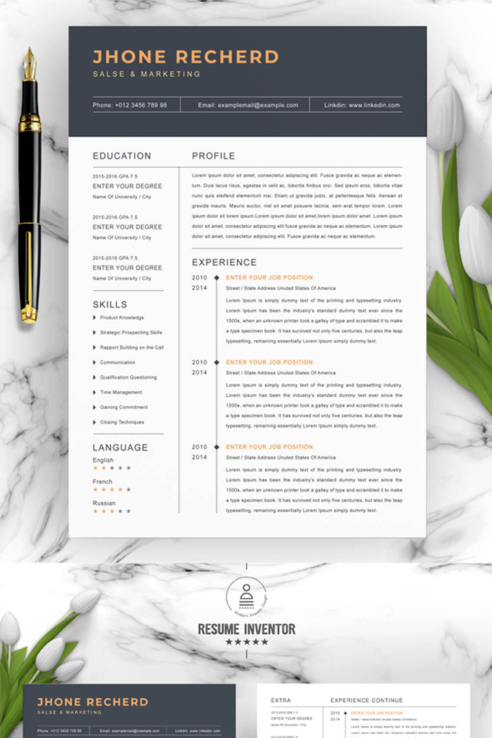 Sales & Marketing Resume Template | Modern Resume Template With Cover Letter pinterest preview image.