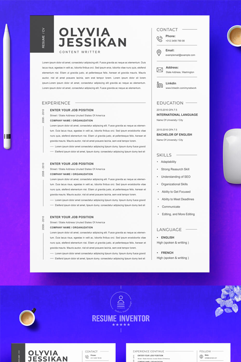 Content Writter Resume Template | Professional CV Template Design pinterest preview image.
