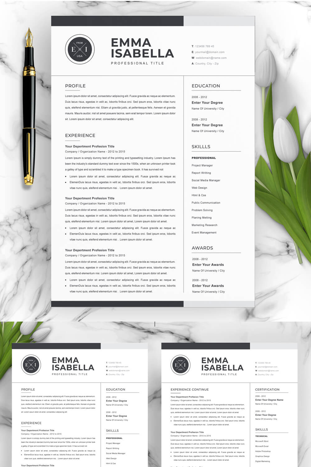 Clean Resume Template | CV Template | Word Format | Pages pinterest preview image.