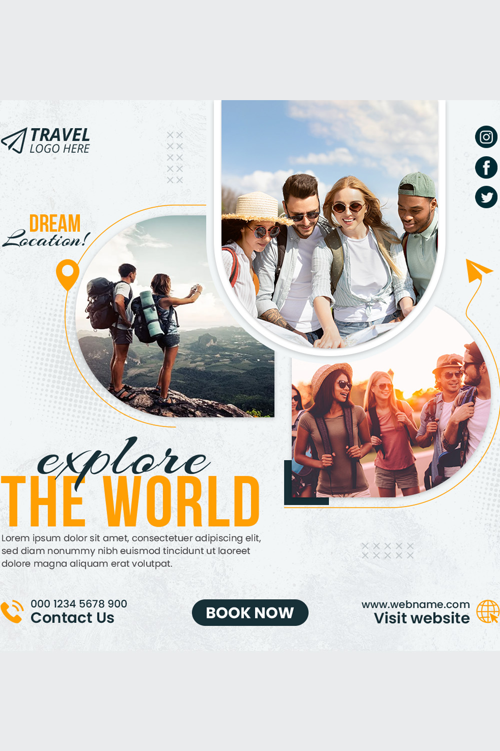 Travel Tour Social Media Post Or Holiday Vacation Square Flyer Web Banner Design Template pinterest preview image.