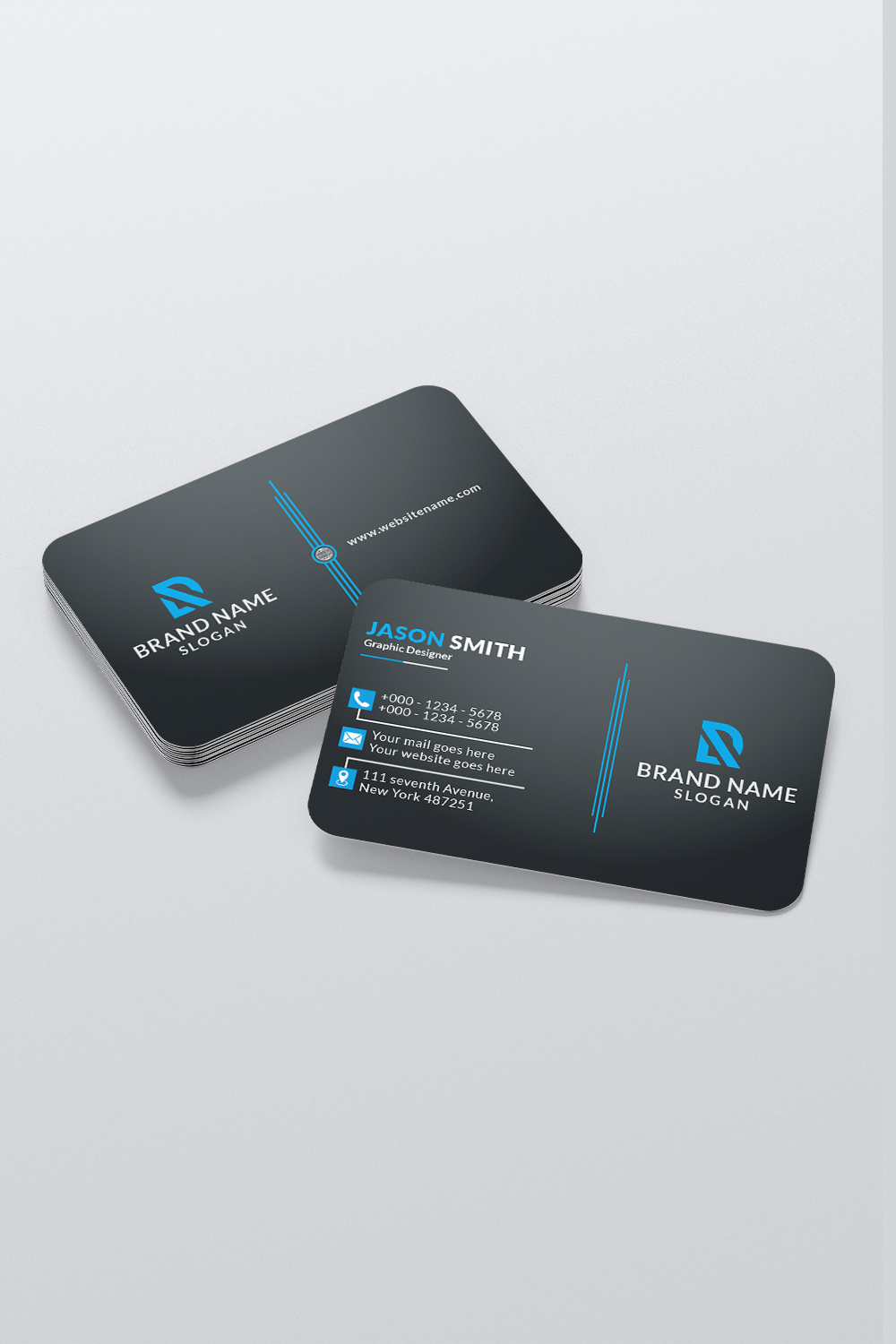 Black Modern Business Card Design Template pinterest preview image.