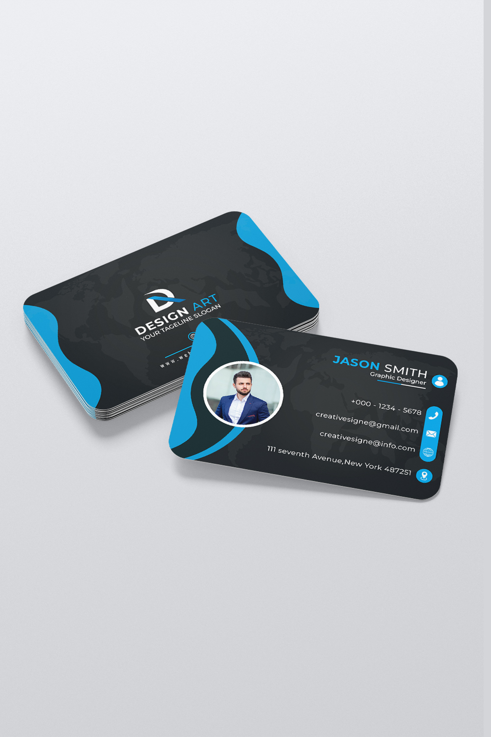 Black & Blue Colorful Modern Business Card Design pinterest preview image.