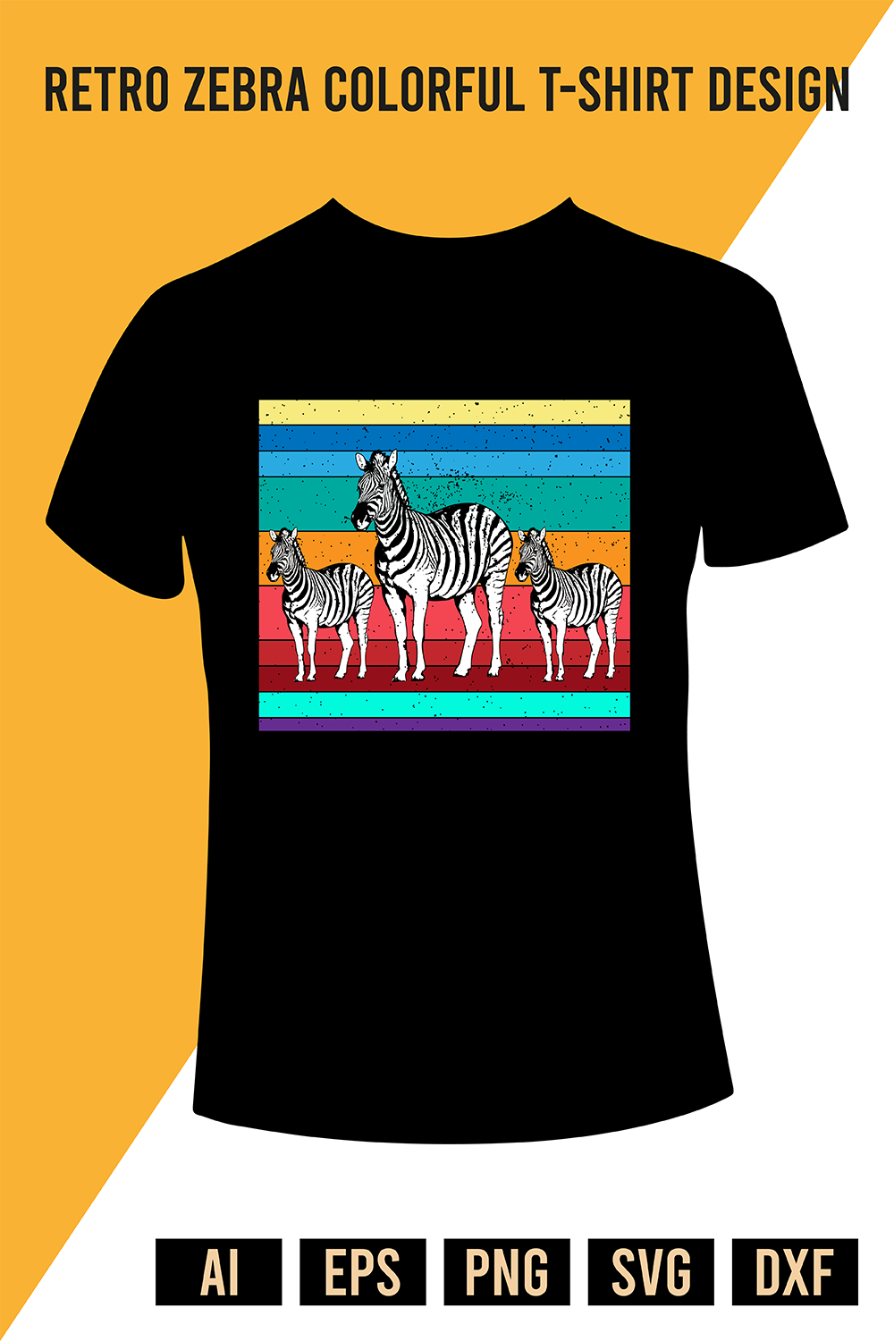 Retro Zebra Colorful T-Shirt Design pinterest preview image.
