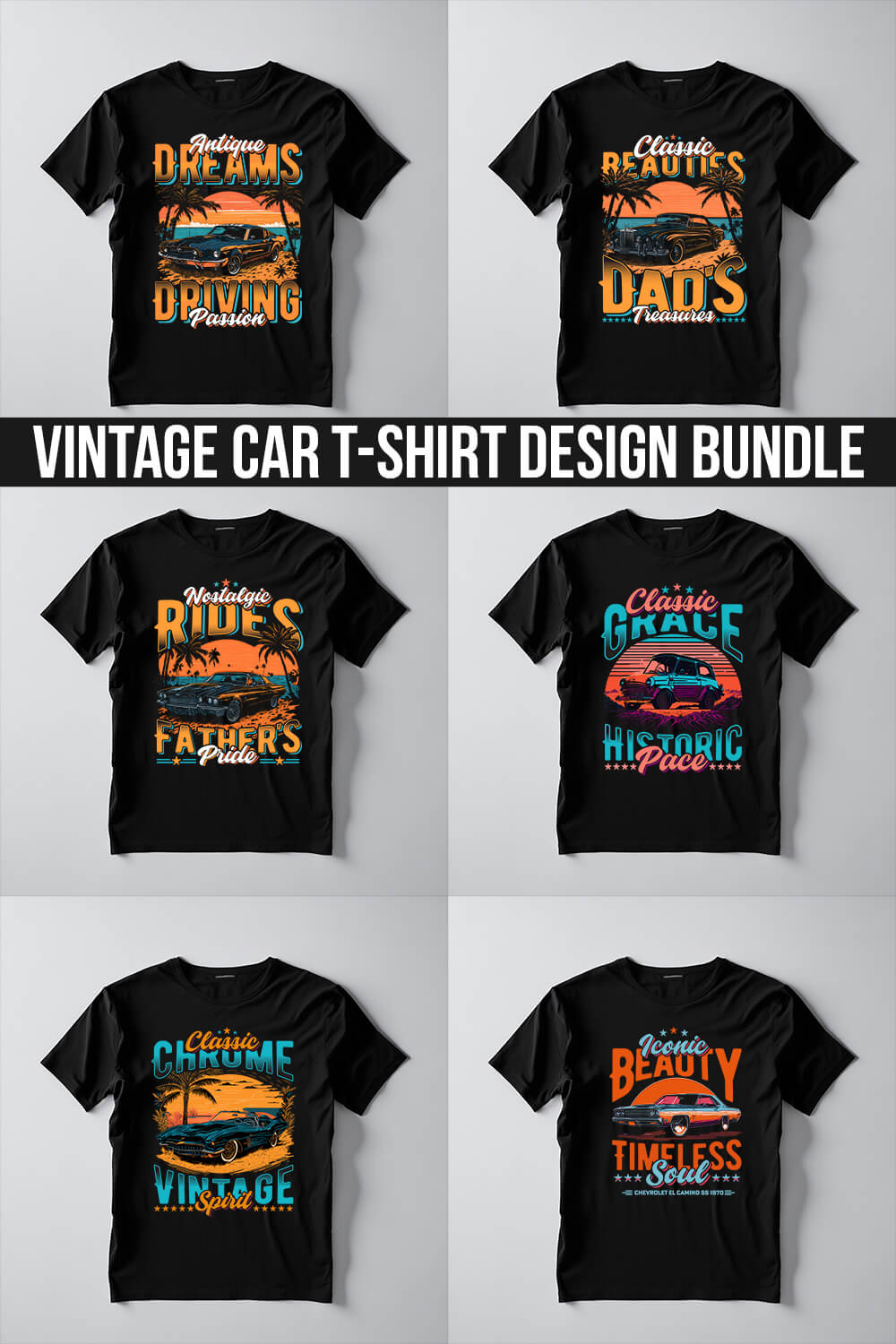 Vintage Legends Of The Road: The Best Classic Car T-shirt Design Vector Bundle pinterest preview image.