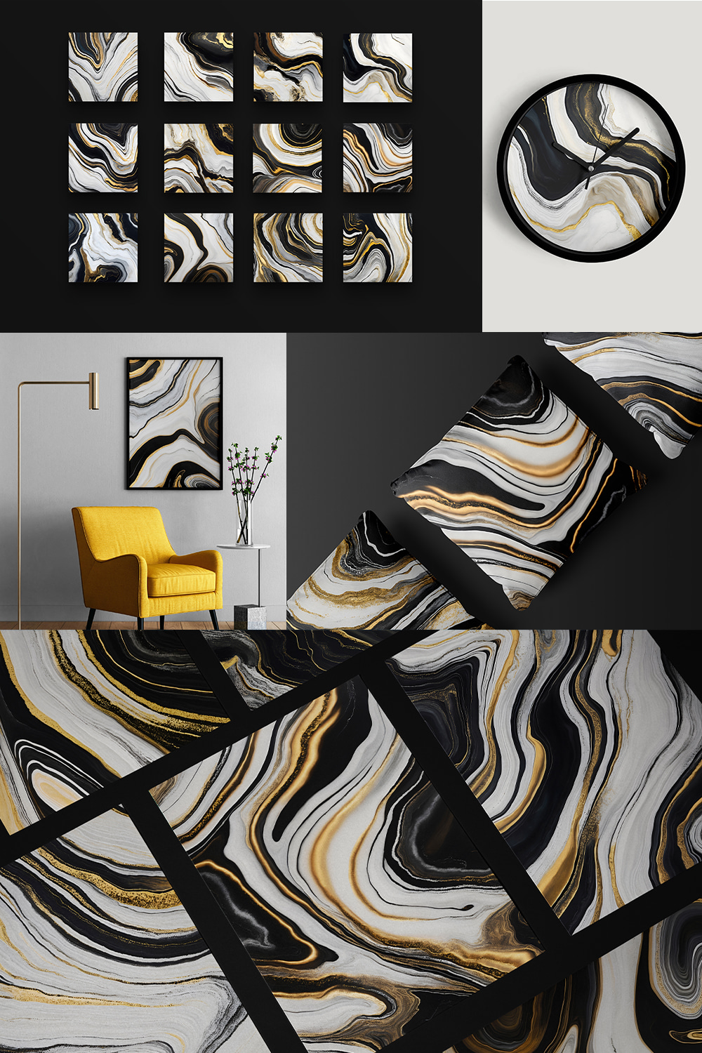 Black & White Gold Marble Textures pinterest preview image.