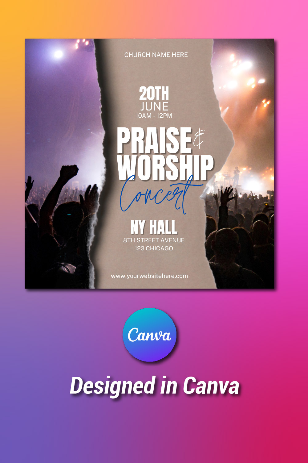 PRAISE AND WORSHIP CANVA TEMPLATE pinterest preview image.