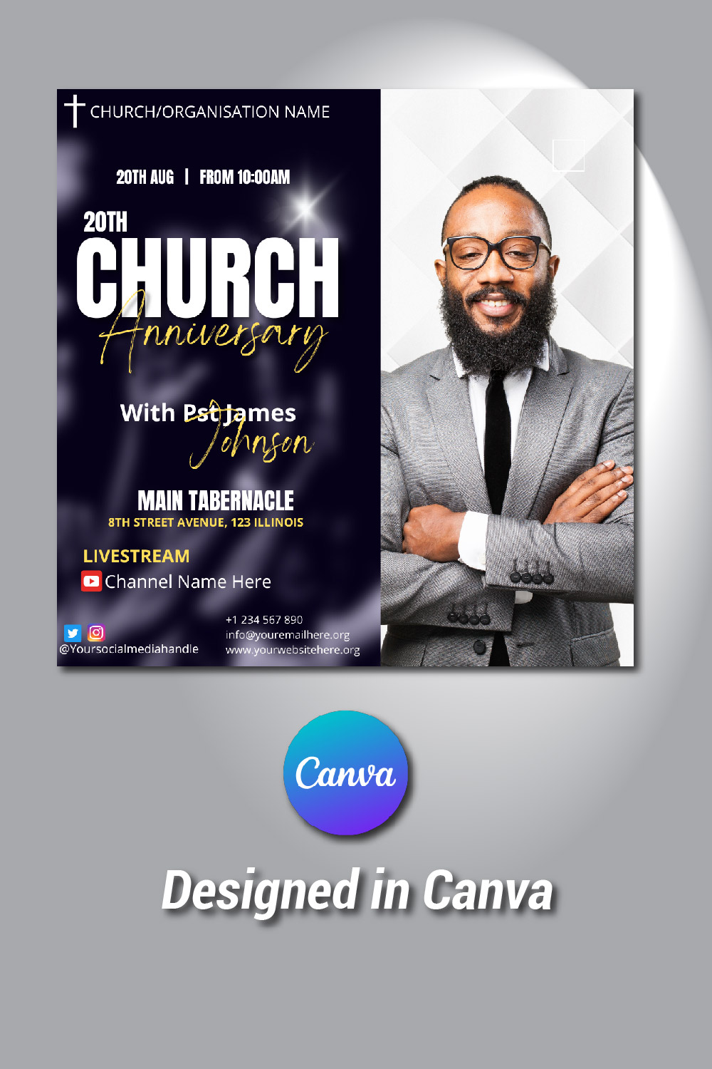 Church Anniversary Canva Template pinterest preview image.