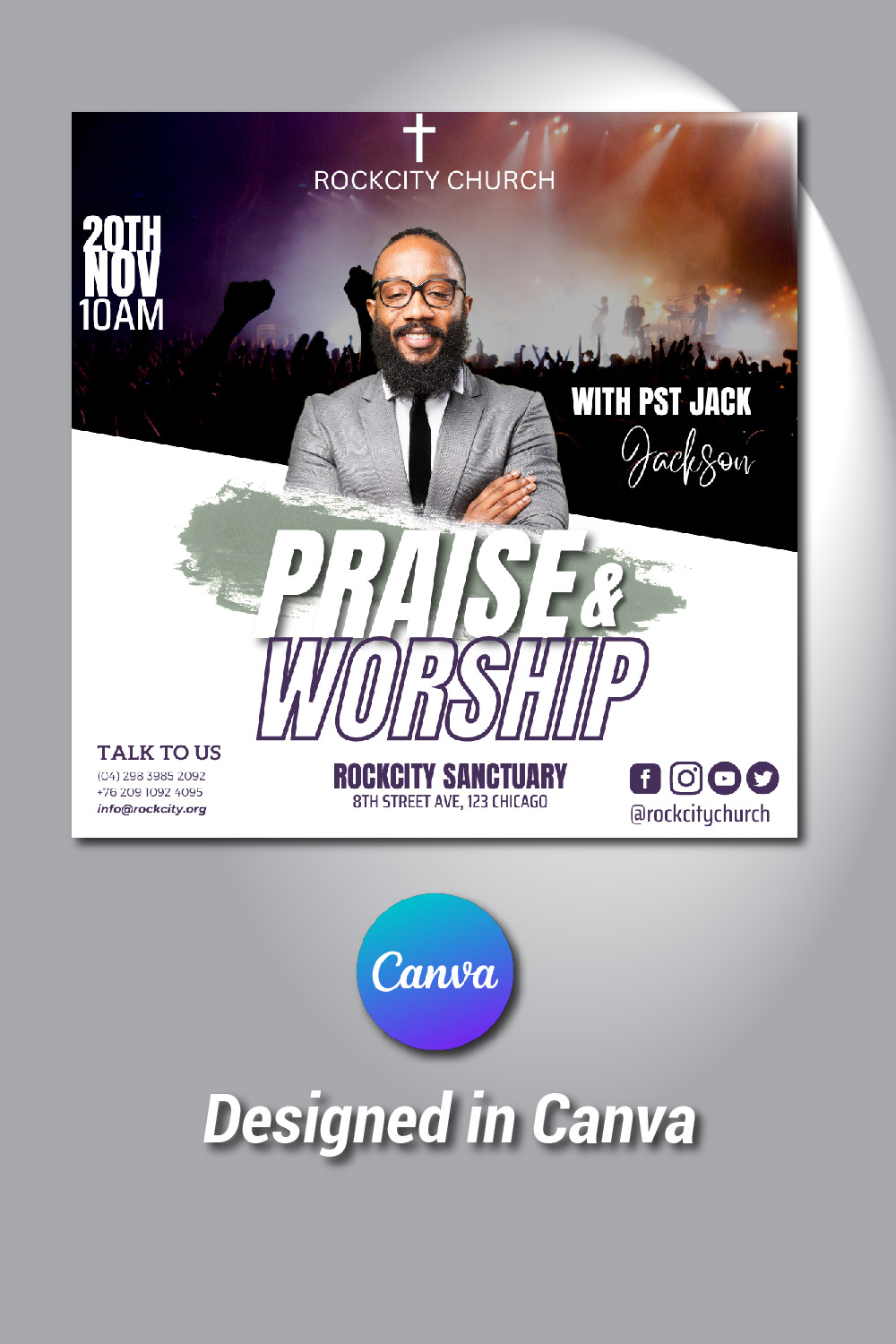 Praise And Worship Canva Template pinterest preview image.