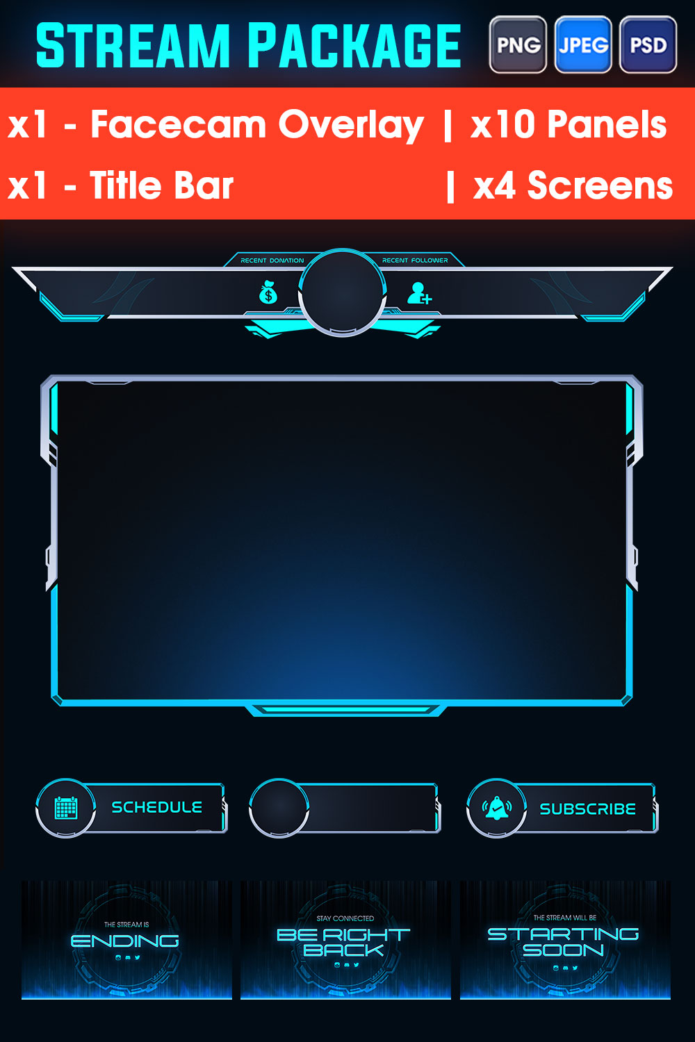 Futuristic Sci-fi Twitch Gaming Stream Overlay pack Blue - Facecam, x10 panels, x4 Intermission Screens pinterest preview image.