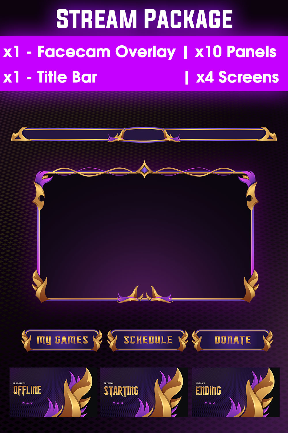 Royal fantasy Stream Overlay pack for Twitch and Youtube in purple pinterest preview image.
