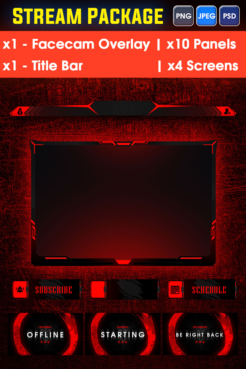 Modern red and black Twitch gaming camera frame , Panels, Screens & Donation bar complete starter Overlay pack pinterest preview image.