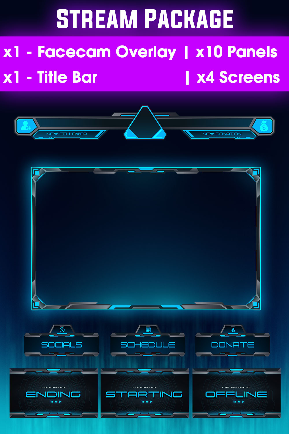 Futuristic Gaming Overlay pack for Twitch and youtube in Blue color pinterest preview image.