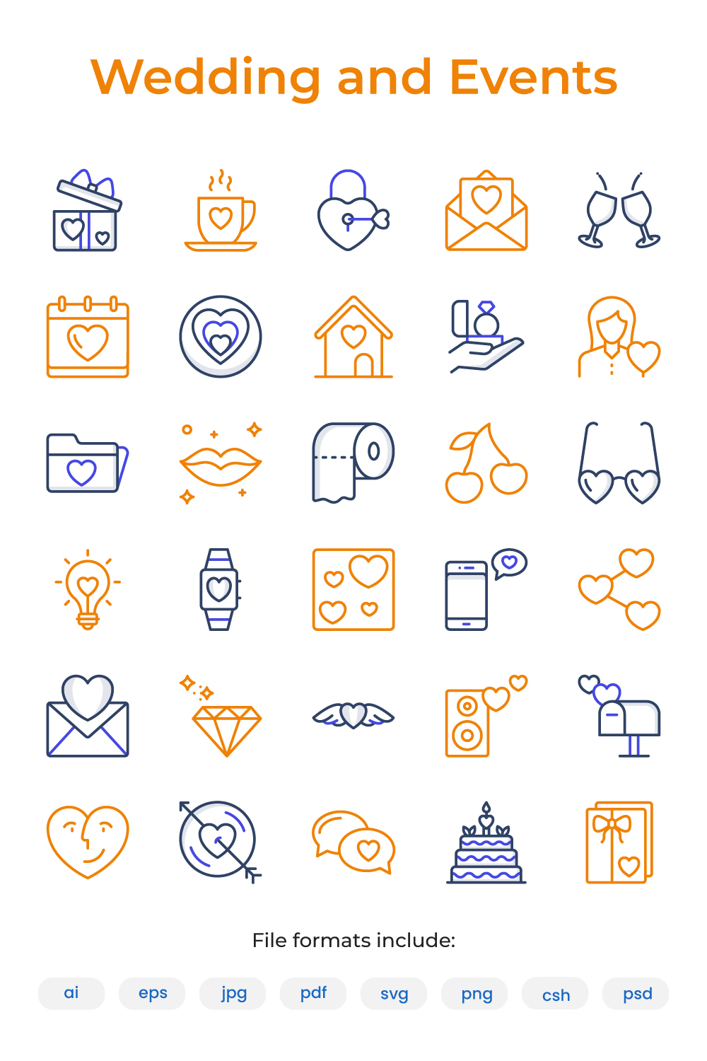 70 Wedding and Events Colored Line Icons Pack pinterest preview image.