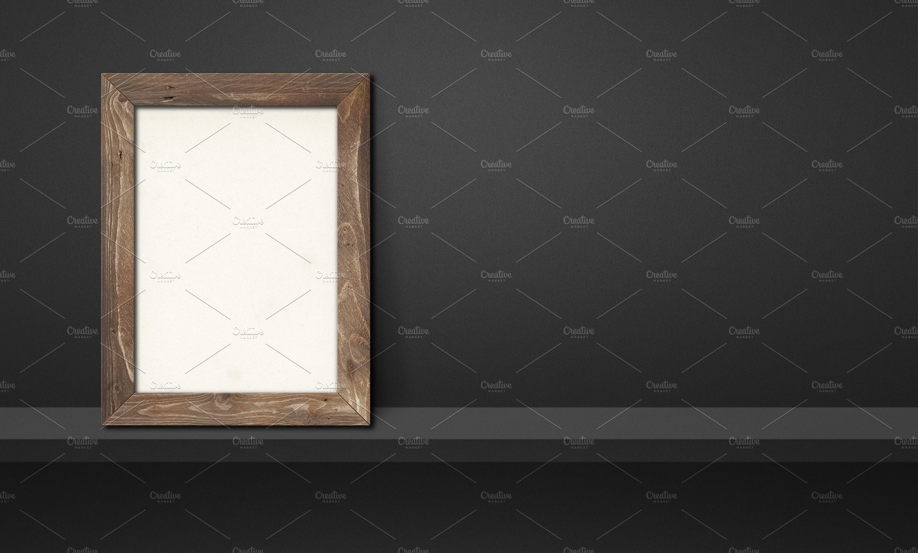 Wooden picture frame leaning on a black shelf. 3d illustration. cover image.