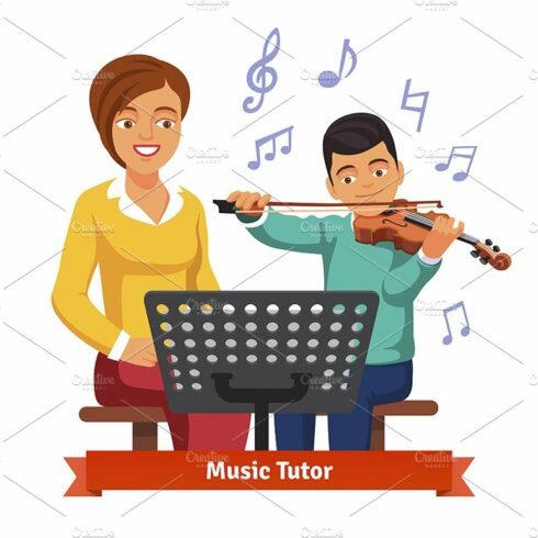Musical tutor woman and kid boy cover image.